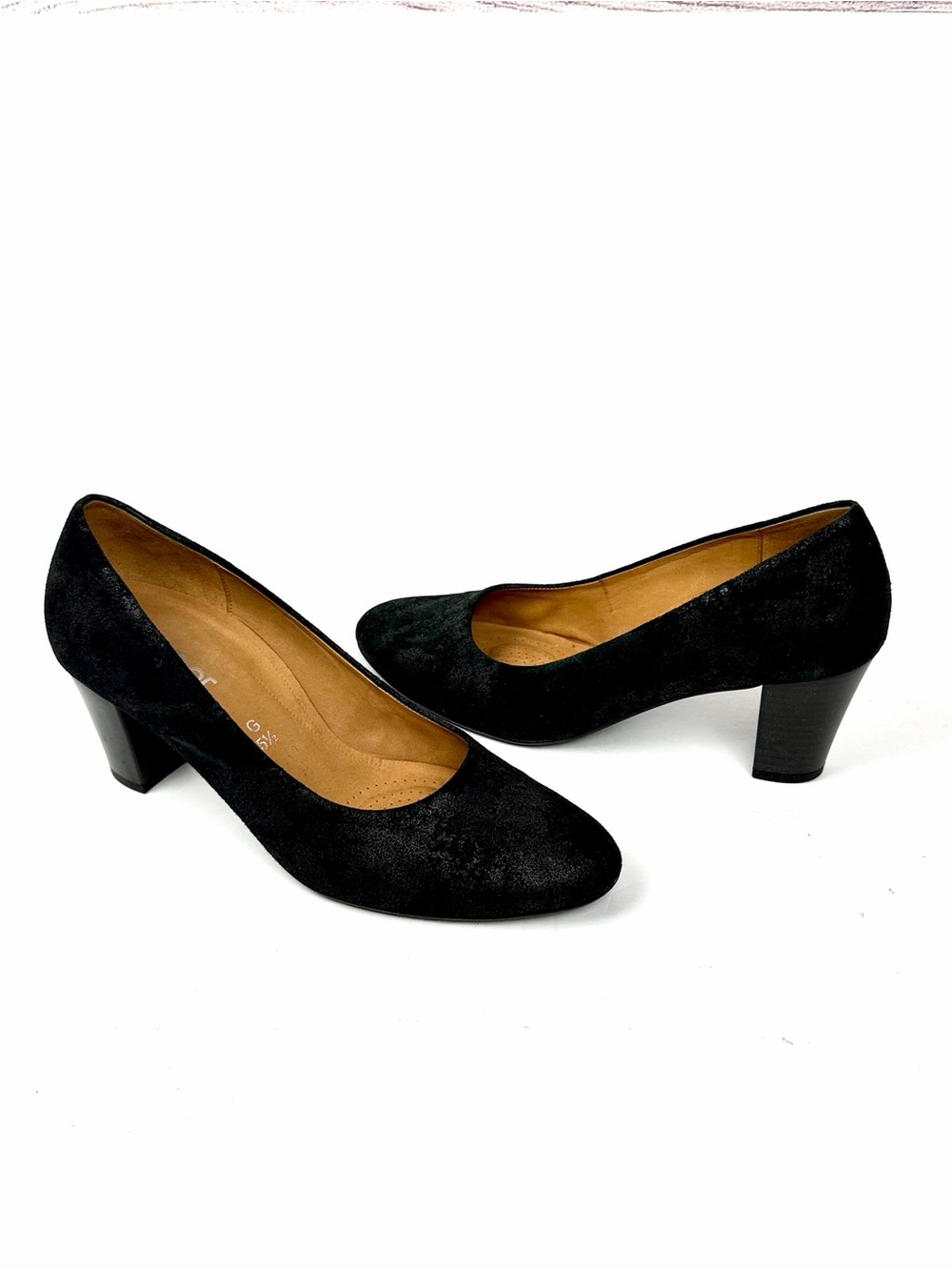Gabor Comfort Pumps Black Metallic Suede Leather 5.5 G Block Heel US 7,5W New